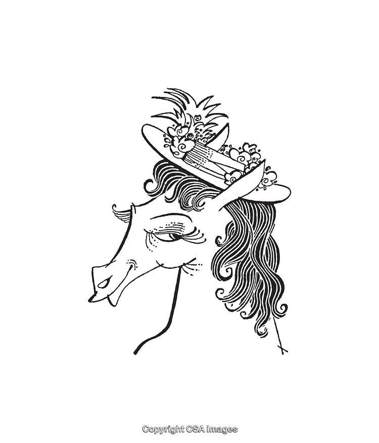 Vintage Line Art of a Horse Wearing a Flowered Hat