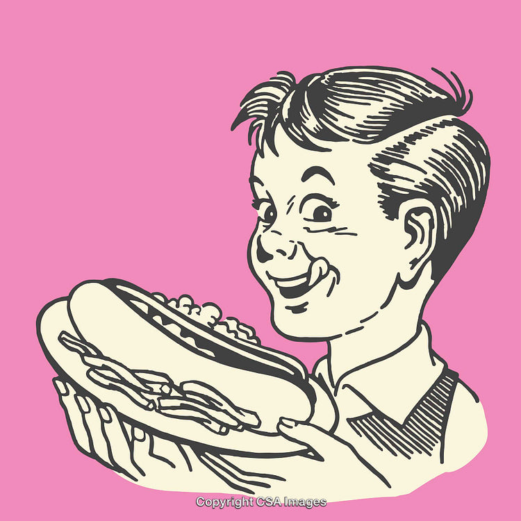 Retro Style Illustration of Boy Holding a Hot Dog on Pink Background
