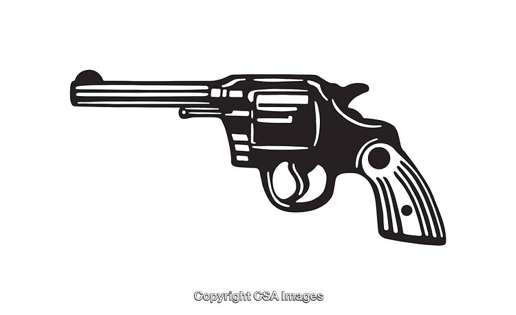 Vintage Black and White Line Art Illustration of a Revolver Handgun