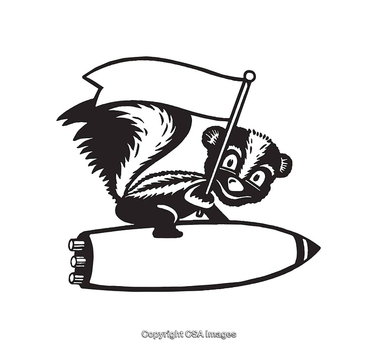 Black and White Illustration of a Skunk on a Rocket Holding a Flag