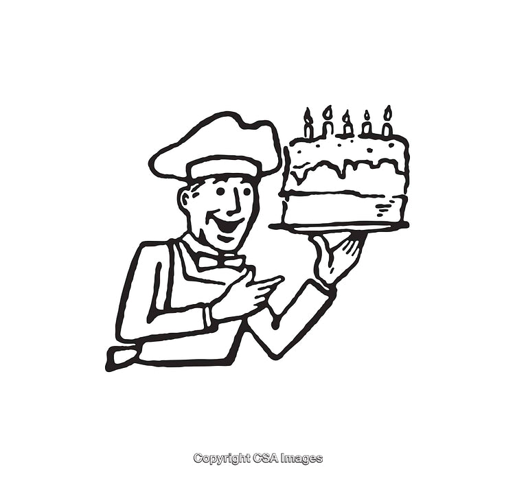 Chef Holding a Cake with Candles, Black and White Illustration