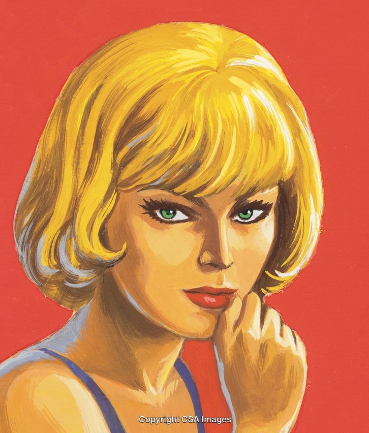 Colorful Portrait of a Stylish Woman with Blonde Hair on a Red Background