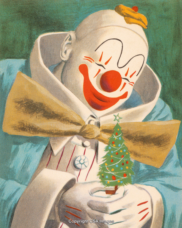 Whimsical Clown Holding a Small Christmas Tree in Festive Setting