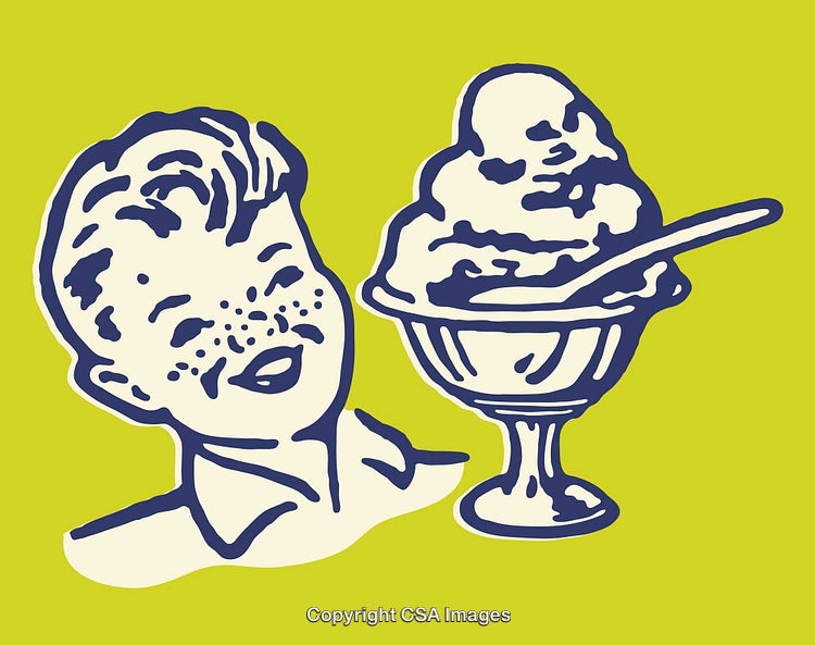 Retro Style Artwork Featuring Smiling Boy and Ice Cream Dessert