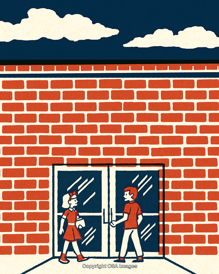 Cartoon Style Illustration of Two People at a Brick Building Entrance