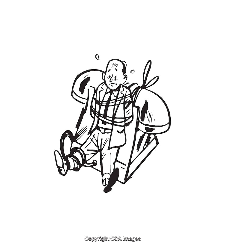 Illustration of a Man Tied to an Office Chair in Line Art Style