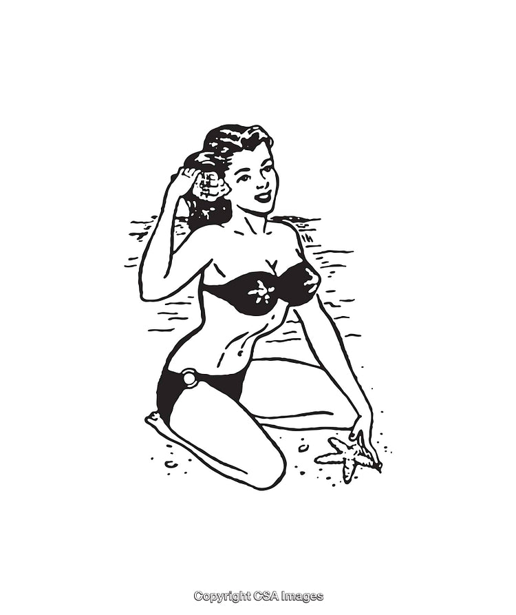 Vintage Line Art Illustration of Woman on Beach with Starfish