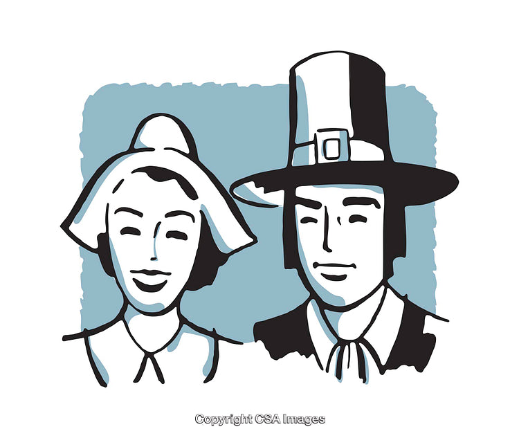 Illustrated Portrait of Pilgrim Couple with Traditional Attire in Calming Blue Background