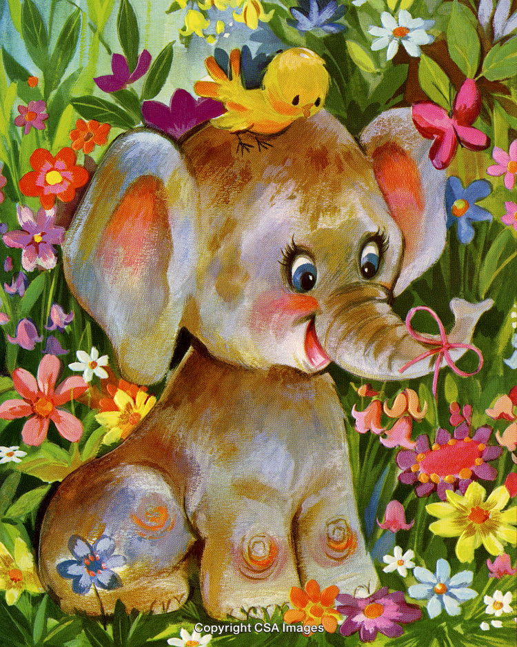 Adorable Baby Elephant with Bird Among Colorful Flowers in a Lush Garden
