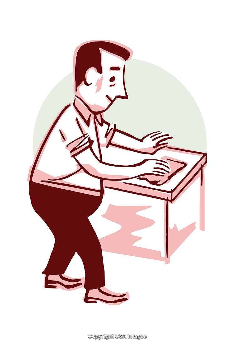 Colorful Illustration of a Man Leaning Over a Desk in Thought
