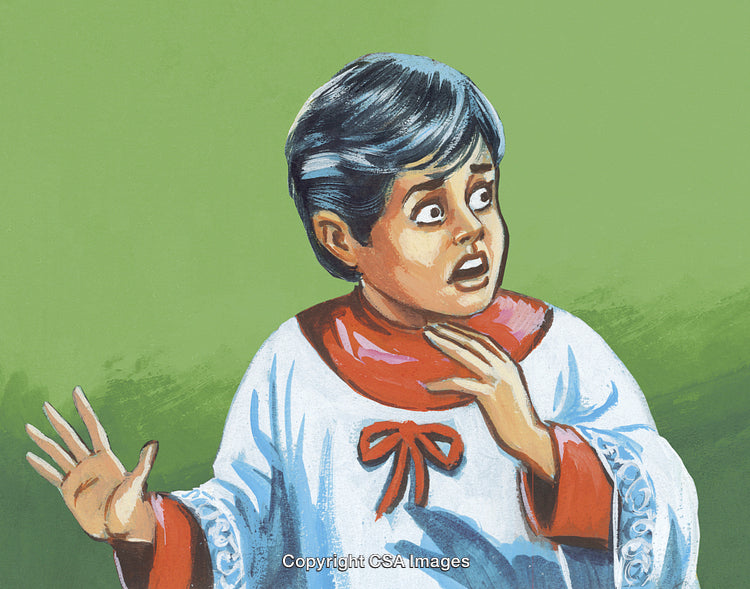 Surprised Choir Boy in Red and White Robes on a Green Background
