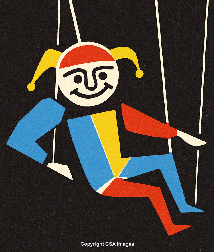 Colorful Geometric Harlequin Puppet Illustration with Abstract Design on Black Background