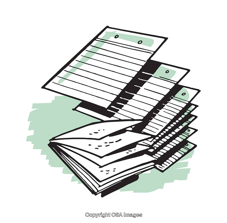 Illustration of Organized Notebooks and Paper Stacks on a Green Background