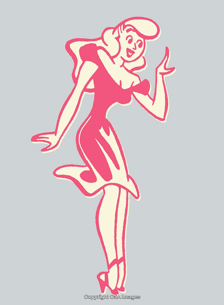 Retro Style Line Art of a Cheerful Dancing Woman in Pink