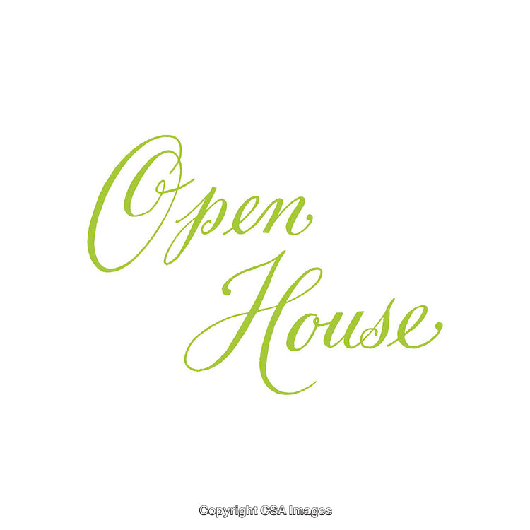 Elegant Green Script Open House Text on White Background