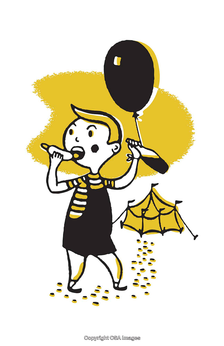 Colorful Illustration of Child Holding Balloon and Umbrella in Expressive Style