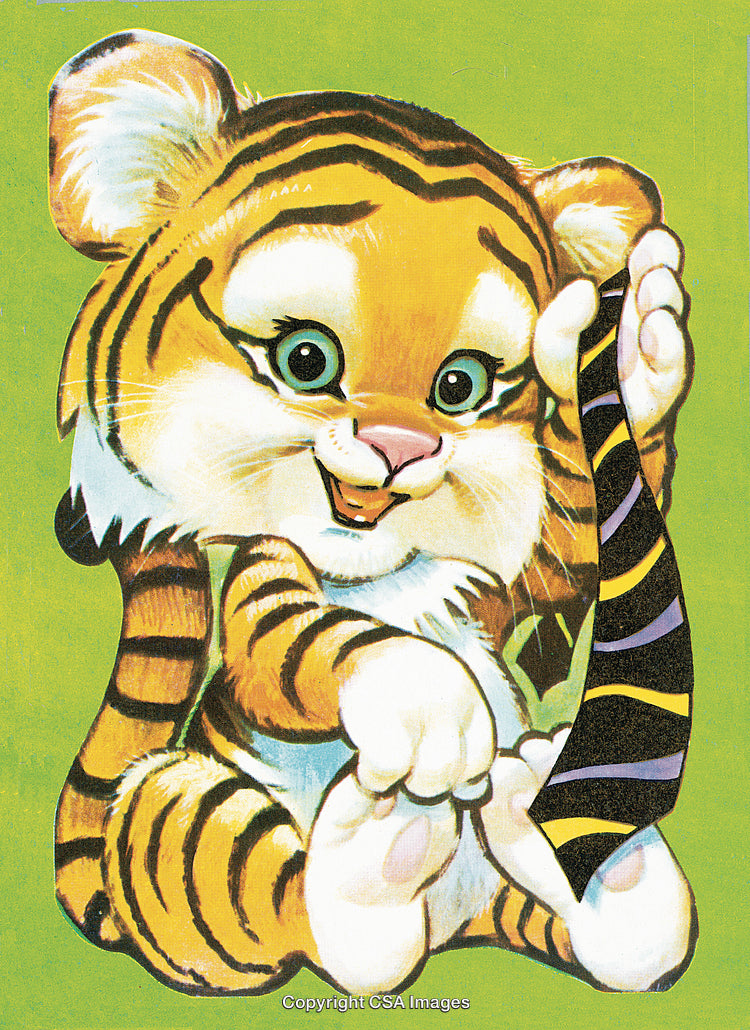 Adorable Cartoon Tiger Cub Holding a Striped Tail on Green Background