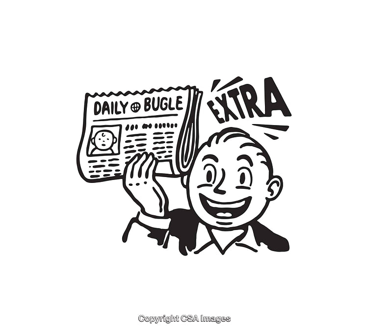 Retro Black and White Line Art of a Newspaper Hawker