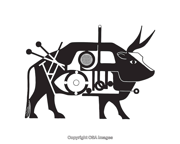 Abstract Black and White Bull with Technological Elements