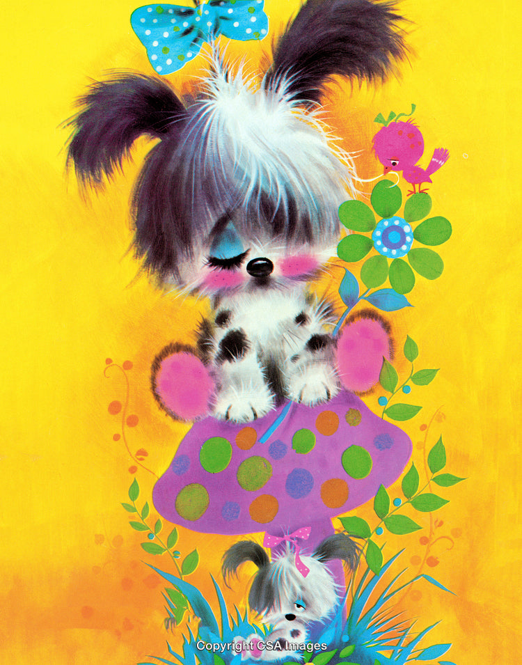 Cute Puppy with Flower and Bird on Colorful Bright Background