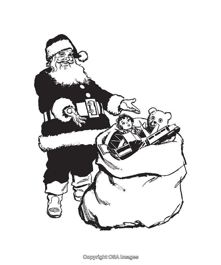 Black and White Illustration of Santa Claus with Bag of Toys
