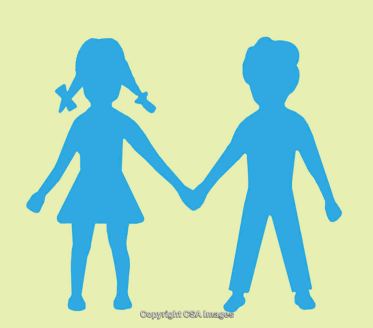 Blue Silhouetted Children Holding Hands on Light Green Background