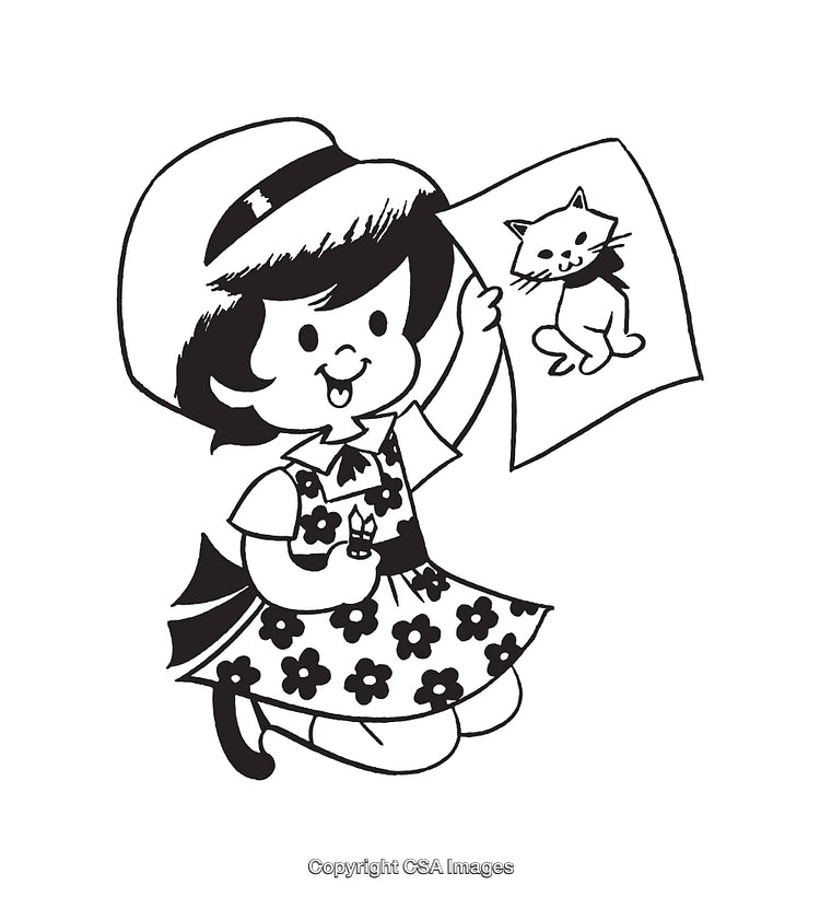 Cute Girl Holding Picture of Cat in Black and White Line Art