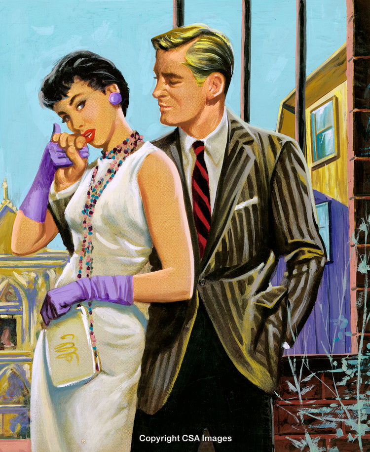 Stylish Couple in Vintage Attire by an Urban Background