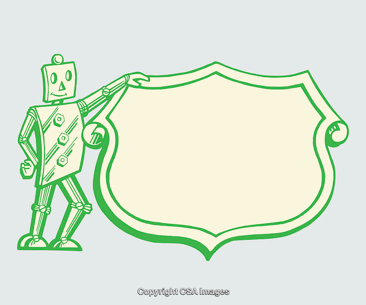 Green Outline of a Robot Standing Next to a Blank Shield-Shaped Sign