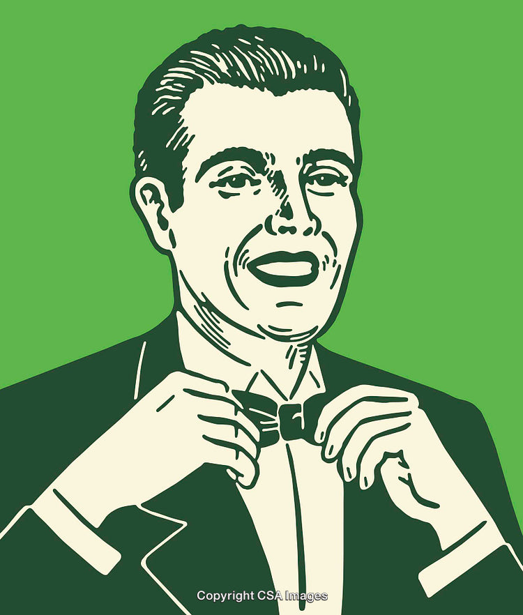 Retro Style Gentleman Adjusting Bow Tie in Color Line Art Illustration