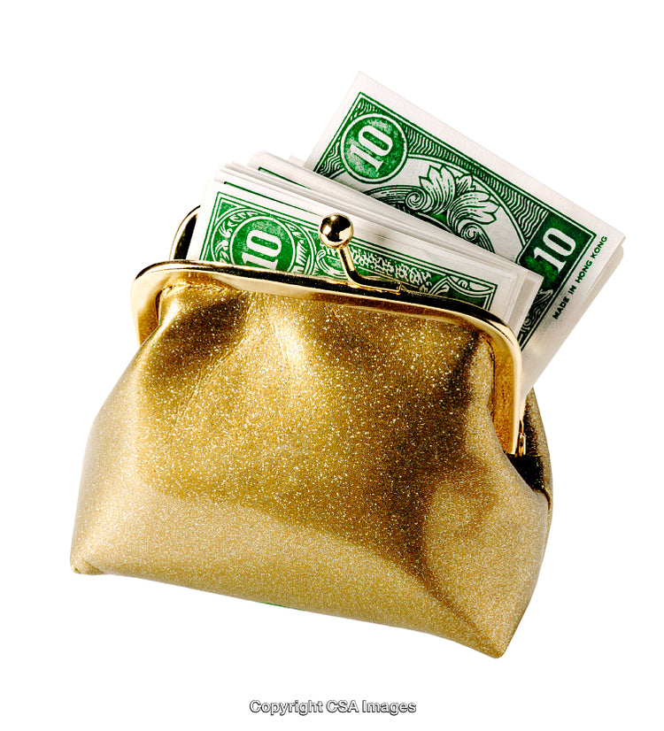 Golden Coin Purse With Folded Dollar Currency Inserted