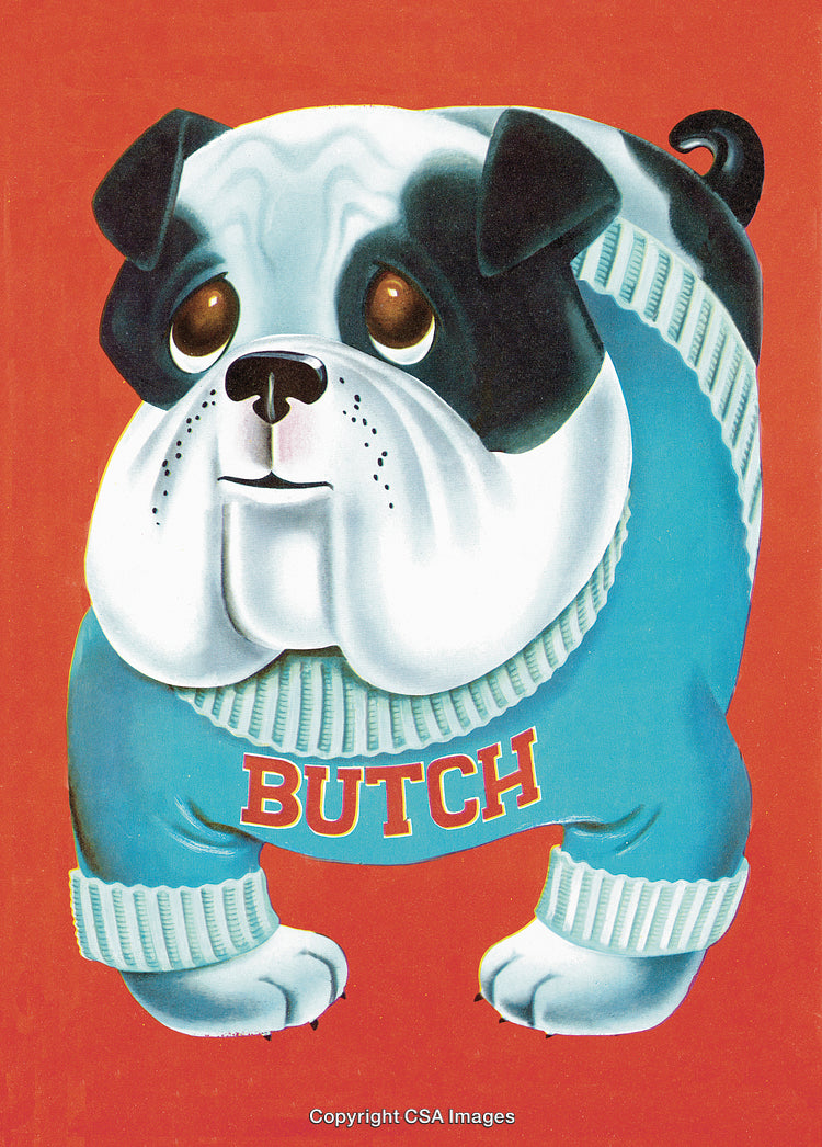 Cartoon Illustration of a Bulldog Wearing a Sweater on a Red Background