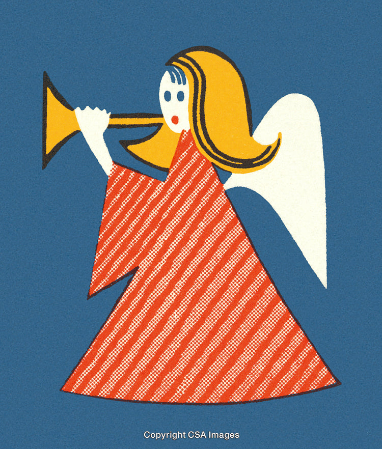 Illustration of a Christmas Angel Playing a Golden Trumpet on a Blue Background