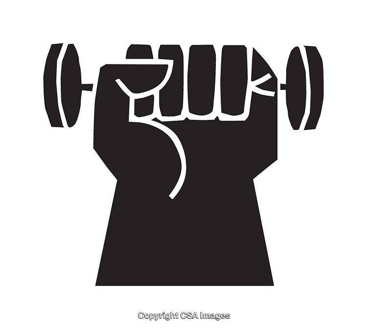 Black and White Illustration of a Hand Holding a Dumbbell Symbol