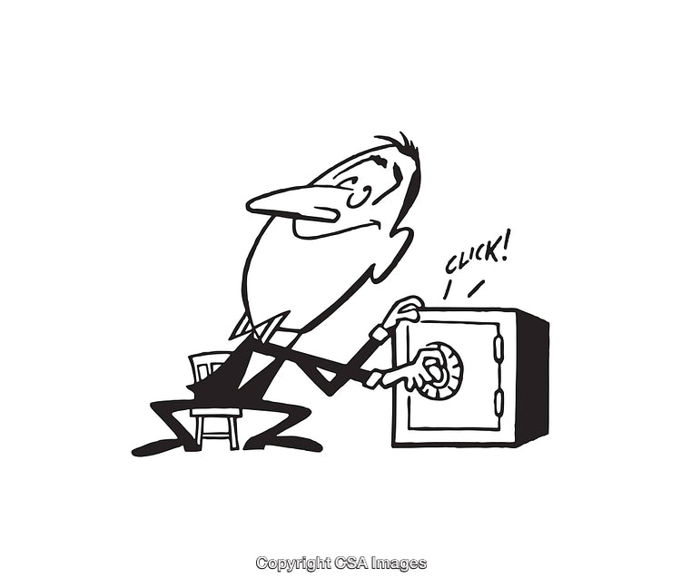 Cartoon Character Cracking a Safe in Black and White Line Art Style