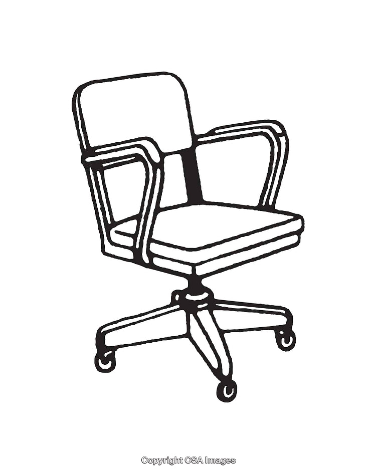 Black and White Line Art of Office Chair with Armrests and Casters