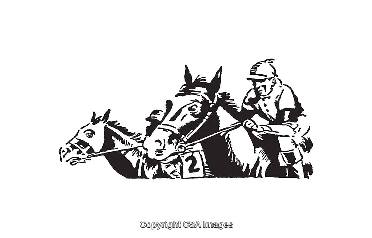 Vintage Horse Racing Scene with Jockeys and Galloping Horses Line Art Illustration