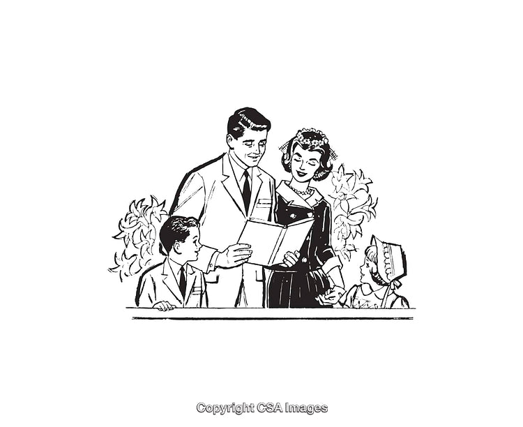 Vintage Black and White Illustration of a Happy Family Gathering Together