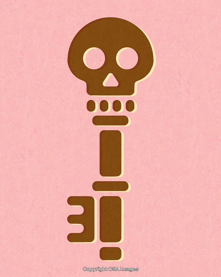 Stylized Skull and Key Design on Minimalist Pink Background