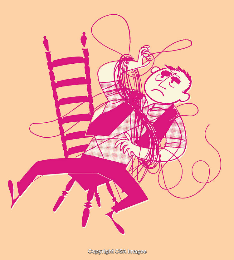 Illustration of Man Entangled in Thread on Chair, Expressing Frustration