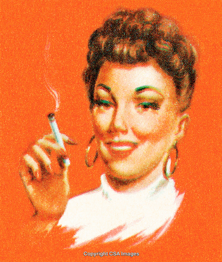 Retro Style Woman Smoking Cigarette with Confident Expression on Orange Background