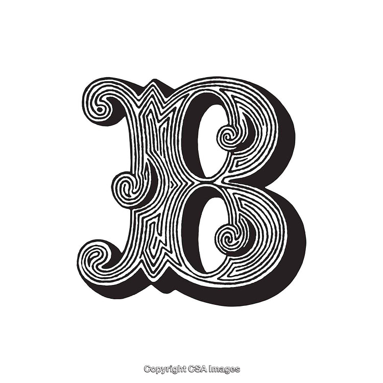 Ornate Letter B with Swirling Decorative Patterns in Black and White