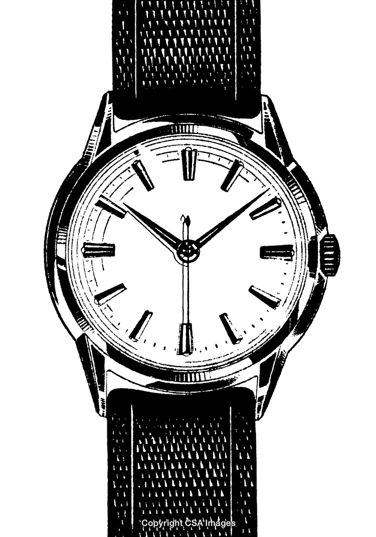 Detailed Engraving of a Classic Analog Wristwatch in Black and White