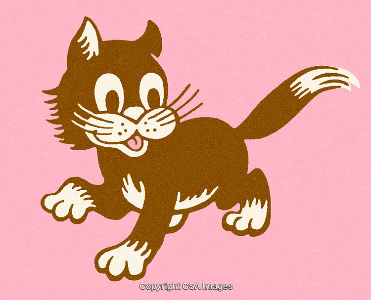 Playful Cartoon Cat Illustration in a Vintage Artistic Style on Pink Background