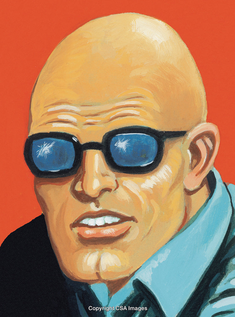 Vibrant Portrait of a Bald Individual Wearing Reflective Sunglasses on a Fiery Background