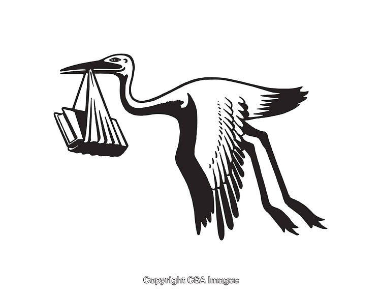 Black And White Line Art of a Stork Carrying a Bundle Symbolizing Delivery