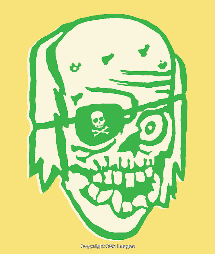 Colorful Line Art Illustration of a Pirate-Themed Skull with Patch