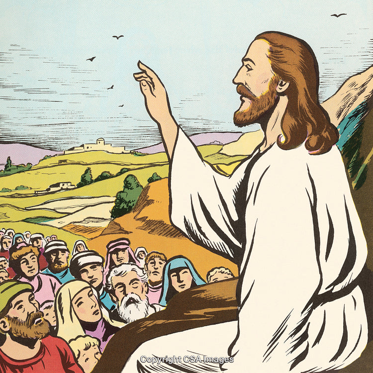 Illustration of a Teacher Addressing Followers in a Pastoral Setting