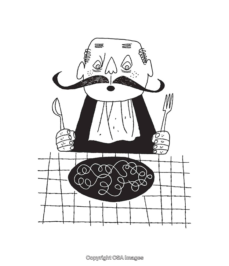Black And White Illustration of Man Enjoying Pasta With Fork and Knife