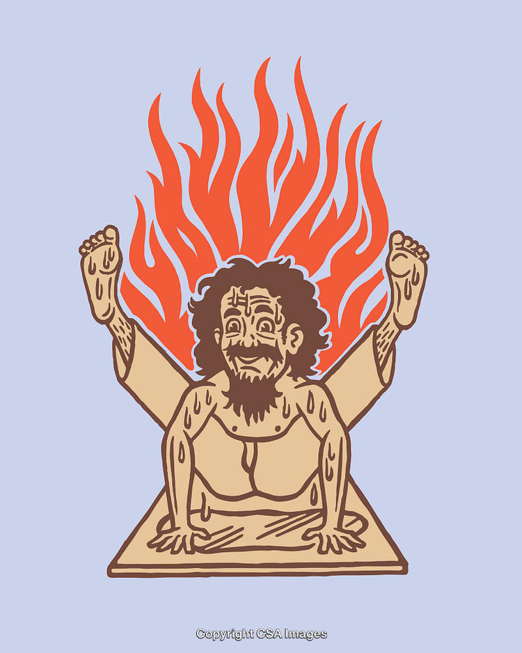 Colorful Illustration of a Yoga Pose with Vibrant Flames in the Background